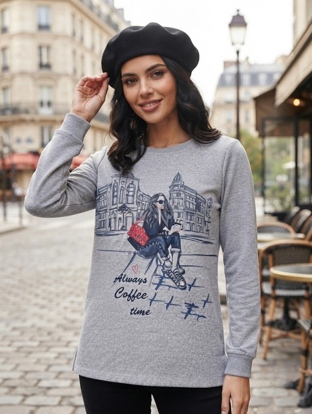 Women's Chic Always Coffee Time Graphic Long Sleeve Sweatshirt Tunic Sz L